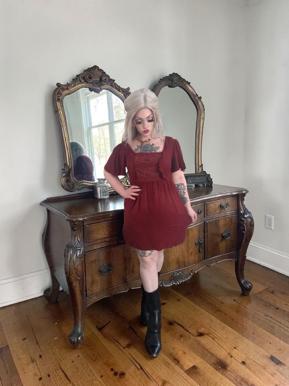 Live To Be Spoiled Burgundy Lace Babydoll Mini Dress Cottagecore Size M